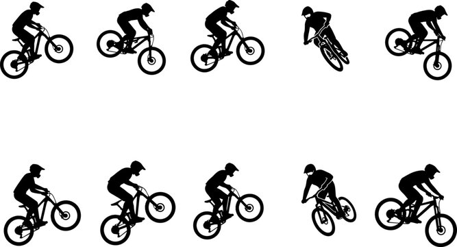Mountain bike rider jumps silhouette vector icons set mountain biking stunt downhill extreme sport action sequences cycle design elements graphic collection