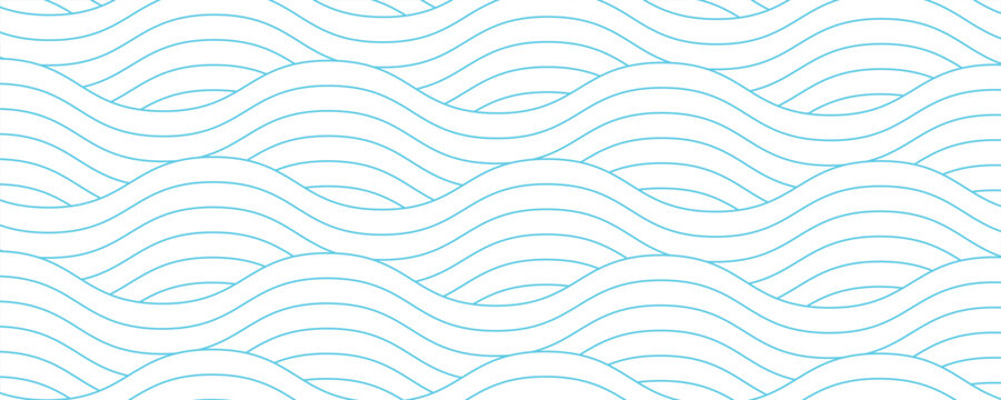 Minimalist seamless pattern with cyan blue wavy lines on a white background. Modern abstract ocean wave texture, ideal for summer themes, nautical designs, and creative digital wallpapers.