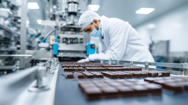 Chocolate bars moving along an automated production line with food industry worker supervising quality. Modern confectionery manufacturing, food processing and factory concept.