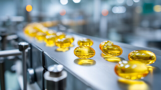 Golden softgel capsules moving along an automated pharmaceutical production line. Dietary supplements, vitamin manufacturing, quality control and healthcare industry concept.