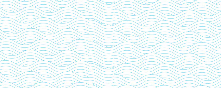 Minimalist seamless pattern with cyan blue wavy lines on a white background. Modern abstract ocean wave texture, ideal for summer themes, nautical designs, and creative digital wallpapers.
