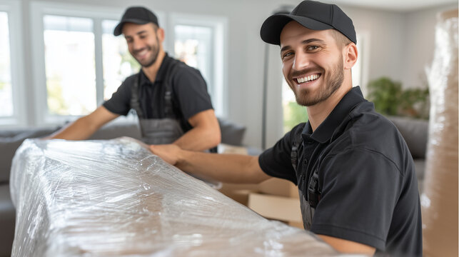 Happy professional movers carrying wrapped furniture inside a modern home. Reliable relocation service, teamwork and customer satisfaction concept.
