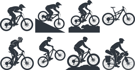 Fototapeta premium Mountain bike riding silhouettes collection with downhill racing dirt jumping bike packing and trail riding icons set graphic design vector element