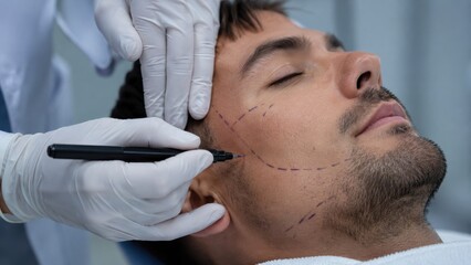 Fototapeta premium Surgeon drawing anatomical lines on man's jaw for surgery