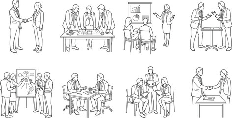 Fototapeta premium Business Meeting and Corporate Collaboration Outline Vector Collection with Office Line Art Set