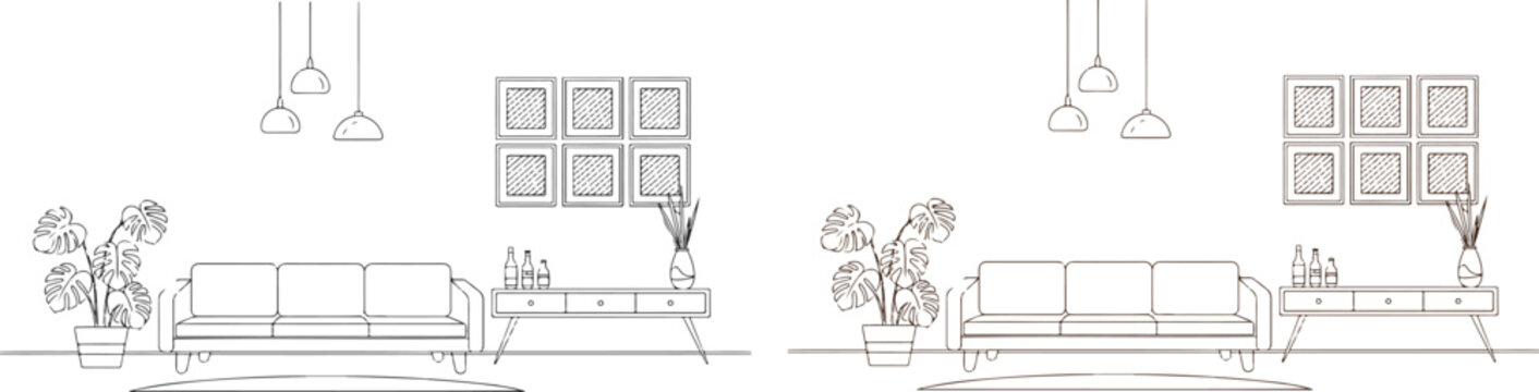 Minimalist line‑art living room interior vector illustration showing modern furniture and decor in black and brown outline design concept