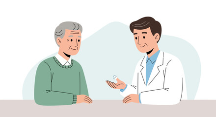 Obraz premium Doctor Gives Pill to Elderly Patient, Healthcare Consultation Flat Illustration