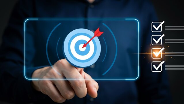 Businessman touching a digital screen with a target icon and checklist