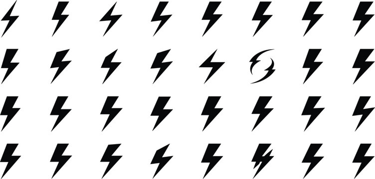 Lightning bolt icon. Flash symbol, thunderbolt, blitz lightnings strike sign. Electric energy black silhouettes, power concept. Vector isolated dynamic sports logo set
