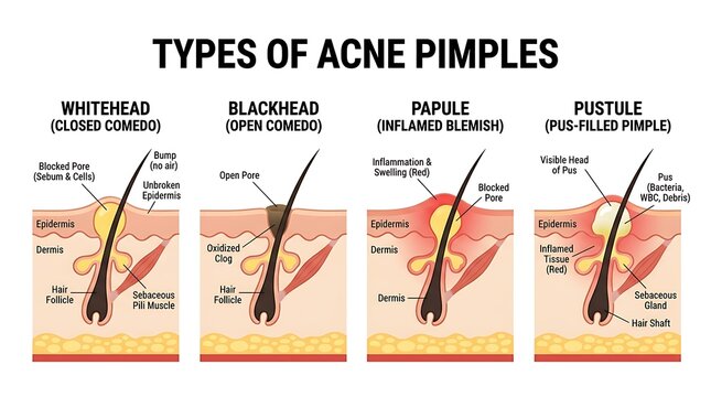 Types of acne pimples medical skin diagram with dermatology