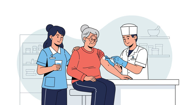 Healthcare worker giving vaccine injection to elderly woman with nurse assisting
