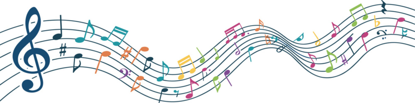 Music notes wave. Flowing musical staff lines with notes, clefs and melody rhythm patterns in dynamic circular, spiral and wavy shapes. Elegant swirling compositions for music posters. Vector set