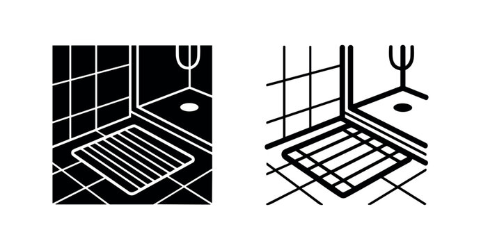 Shower Stall Interior with Floor Mat Icon Set