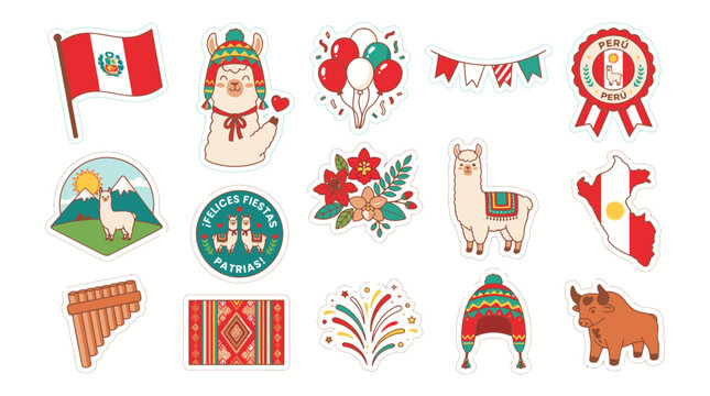 Peruvian national celebration elements on festive background with llamas and flags
