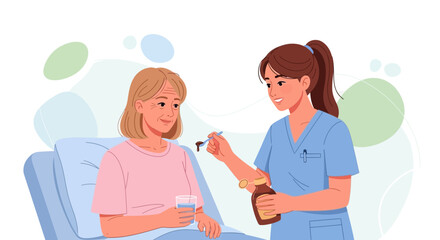 Obraz premium Nurse giving medicine to elderly woman in bed, healthcare assistance illustration