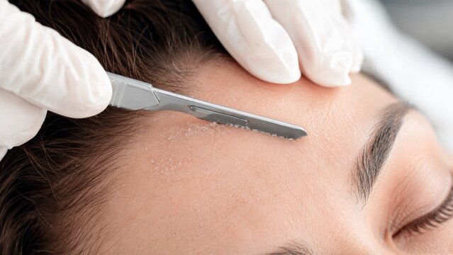 Professional dermaplaning facial treatment close up
