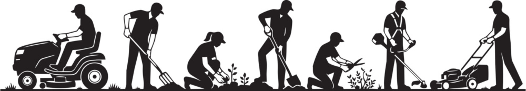 Professional landscaping crew performing various yard maintenance tasks including mowing lawns and planting flowers in a neat black silhouette style