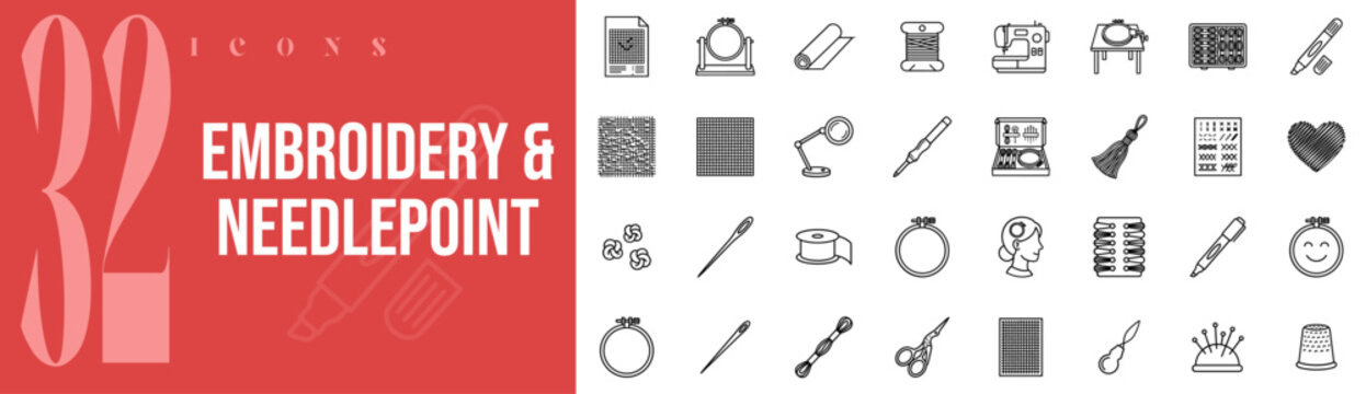 Embroidery Needlepoint Stitching 32 Outline Icons Vector Set