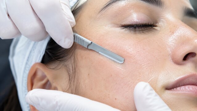 Close-up of dermaplaning procedure on woman's face