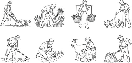 Obraz premium Farmer and Agricultural Activities Outline Vector Collection with Traditional Farming Line Art Set