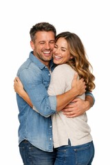 Fototapeta premium A happy couple embracing, both wearing casual denim and smiling warmly.