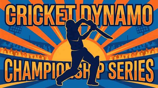 Bold Cricket Sports Illustration With Batsman Swinging Bat, Radiating Sunburst Background and Professional Flat Vector Style