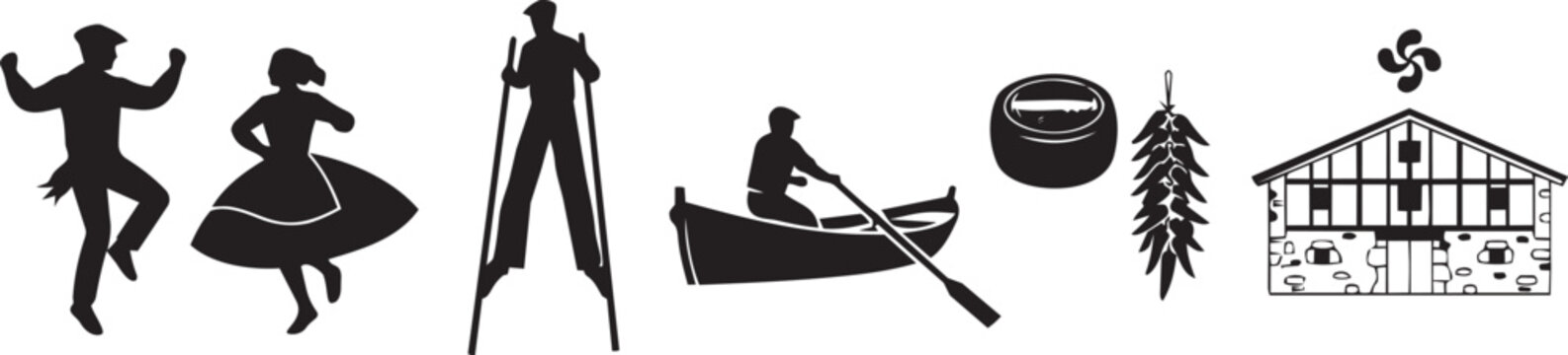 Set of black silhouettes representing traditional basque culture icons including dancers stilt walkers boatmen peppers cheese and a rustic farm house