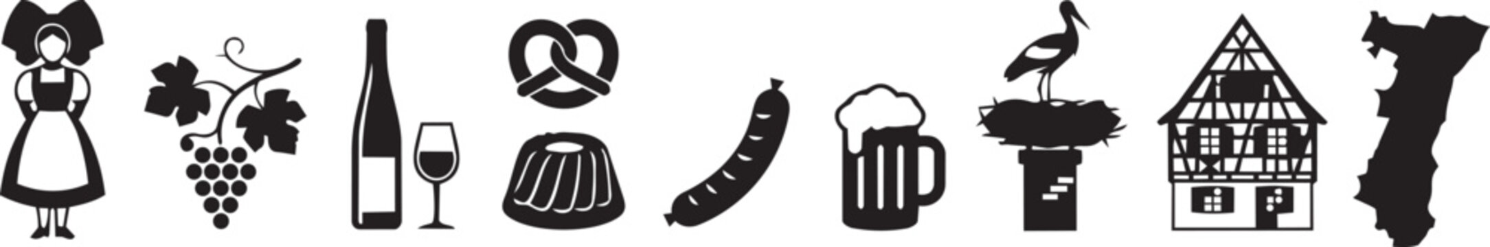 Black silhouette icons representing traditional alsace culture symbols like wine grapes pretzel sausage beer mug stork and regional timbered house