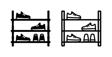 Obraz premium Shoe rack with various pairs of shoes (sneakers and slippers), black solid and outline vector icon