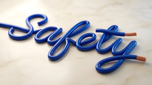 Electrical safety and hazard prevention concept featuring the word safety formed by blue copper wire on light background