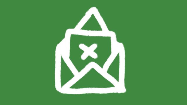 Open envelope cross mark mail delivery error hand-drawn cartoon graphic with chalk outline failed email icon and creative rejected message symbol isolated on green screen background.
