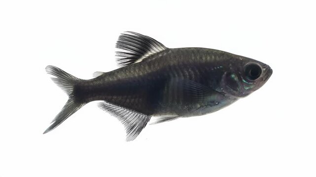 a single black phantom tetra fish swimming gracefully in crystal clear water against a solid, seamless pure white background. Elegant movement