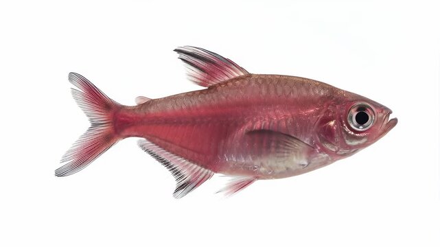 a single vibrant red phantom tetra fish swimming gracefully in crystal-clear water against a solid, seamless pure white background