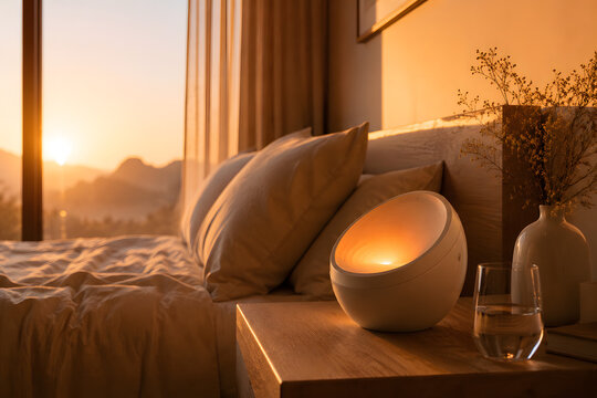 Warm bedside lamp glowing beside a cozy bed at sunrise