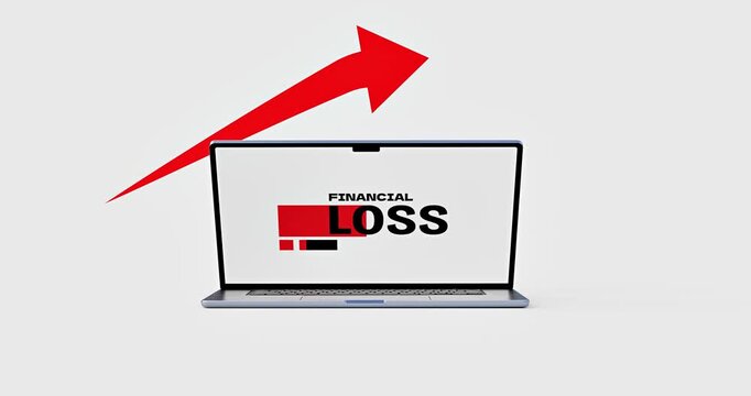 3D animation of laptop displaying financial loss text with downward red arrow