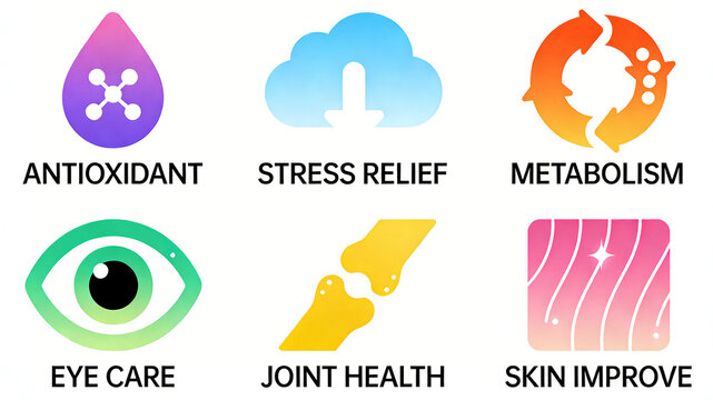 Segmented health improvement icons, anti-oxidation, stress relief, accelerated metabolism, caring for eye joint skin, covering daily multi-dimensional body care needs
