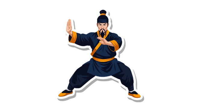 Martial arts master sticker illustration in a traditional kung fu stance, wearing a black and yellow chinese uniform with top knot bun and facial hair, isolated on a white background.