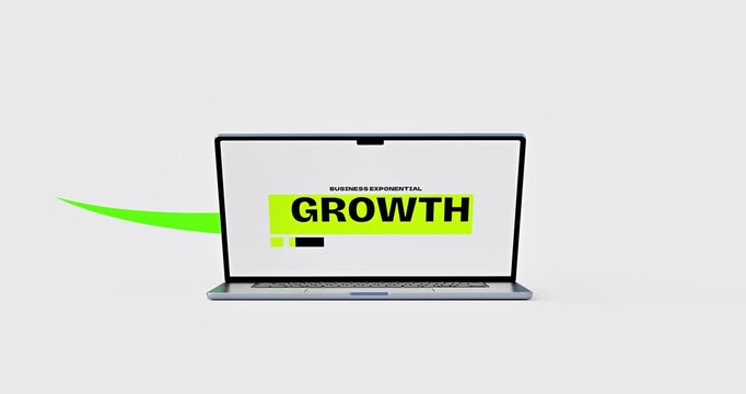 3D animation of laptop displaying business exponential growth text with rising green arrow