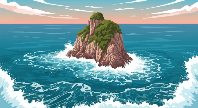 Vector illustration of a rocky island with green foliage surrounded by deep blue ocean waves crashing with white foam and sea spray under a horizontal cloud sky at sunset.