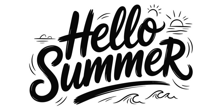 Hand drawn lettering phrase Hello Summer with stylized sun and ocean waves isolated on transparent background