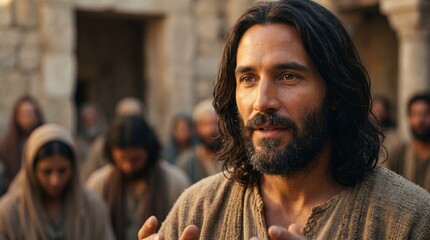 Fototapeta premium Jesus Christ teaching a crowd in an ancient stone courtyard. Biblical scene of the Messiah speaking and gesturing to listening followers