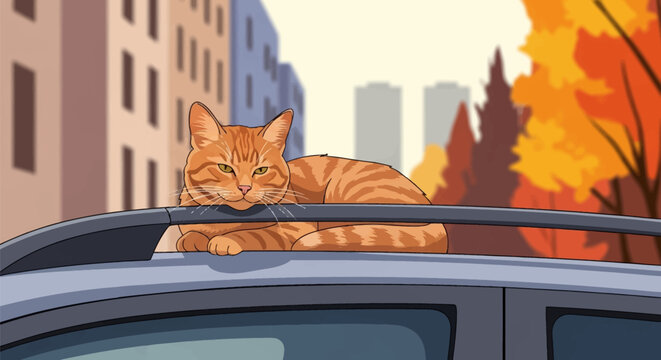 Ginger tabby cat lying on a car roof rack in an urban street setting, illustrated vector style featuring city buildings and autumn trees in the background, feline resting on a vehicle.