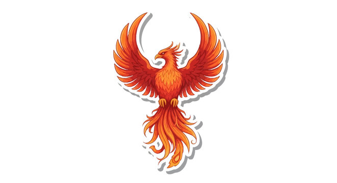 Phoenix sticker vector illustration with red and orange fire feathers, spread wings, and long tail on white background; mythical firebird graphic for die-cut decal design.