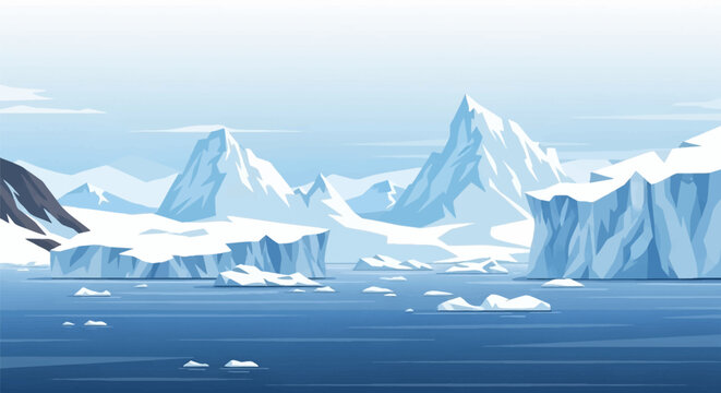 Vector illustration of an Antarctic landscape featuring large icebergs, jagged snowy mountain peaks, and small ice floes floating in a calm blue ocean under a clear sky.