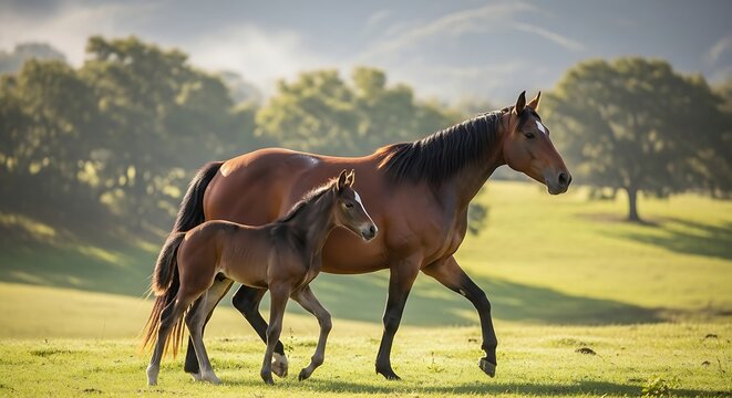 A beautiful mare and her young foal walking together in a sunny green meadow.