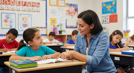 Fototapeta premium Friendly female teacher helping young schoolgirl with writing in classroom