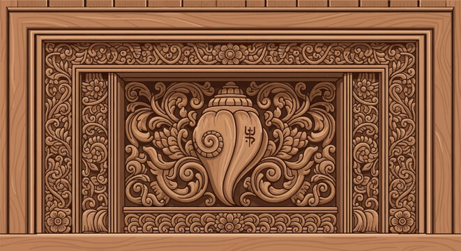 Detailed wood carving vector illustration of a central conch shell with tilak symbol, surrounded by intricate floral patterns inspired by the Shri Ram Mandir in Chaphal, Satara.