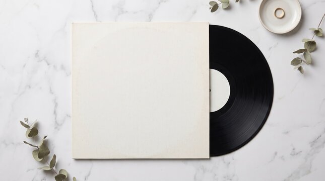 Empty Record Album Cover Mockup with Black Vinyl Disc Display