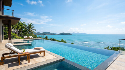 Fototapeta premium Luxury tropical resort infinity pool with stunning ocean views and comfortable lounge chairs under a bright blue sky