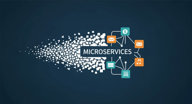 Microservices software architecture concept illustration featuring application icons for email, finance, and media connected to a central label disintegrating into digital pixels.